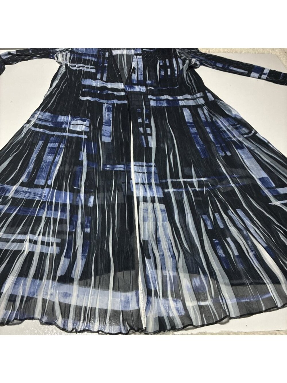 Komarov Blue Abstract Accordion Pleated Maxi Dress L Arashi Shibori Crinkle Fine
